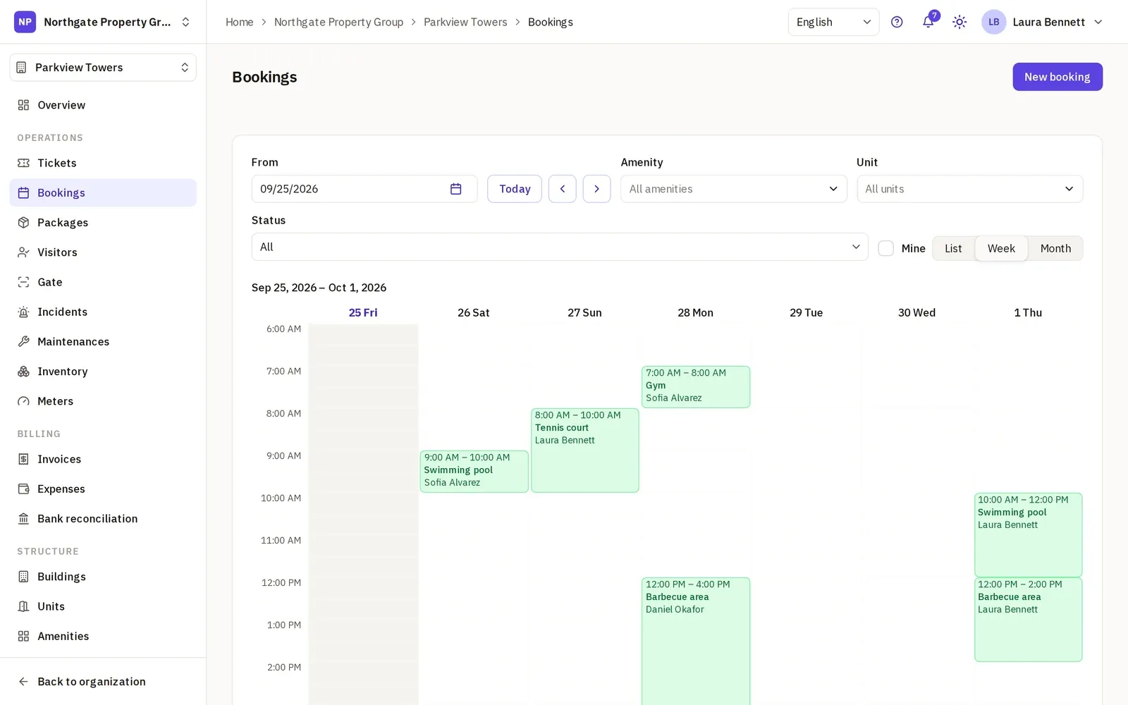 The bookings calendar of a week, hour by hour: the swimming pool, the gym, the tennis court and the barbecue area booked, each with its time and who booked it.